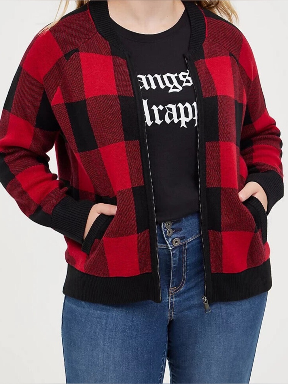 Torrid Buffalo Plaid Grunge Lumberjack Zip Bomber Sweater Jacket Plus 1X NWT D53